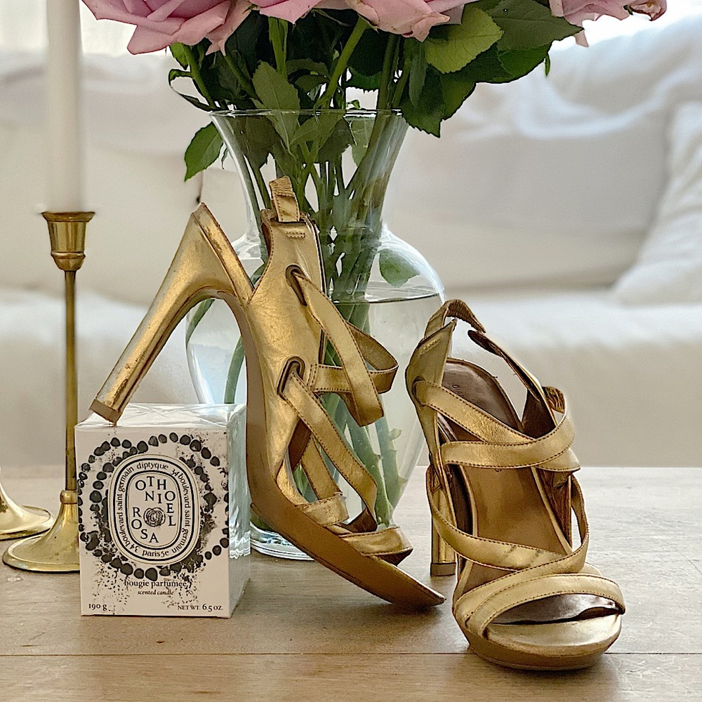 DVF gold strapped heels Sz 9.5